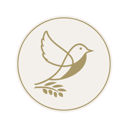 A minimalist gold outline of a dove holding an olive branch in its beak, centered inside a double-lined circular border on a white background.