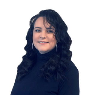 Woman with long, wavy dark hair wearing a black turtleneck and large hoop earrings, smiling and facing slightly to the right.