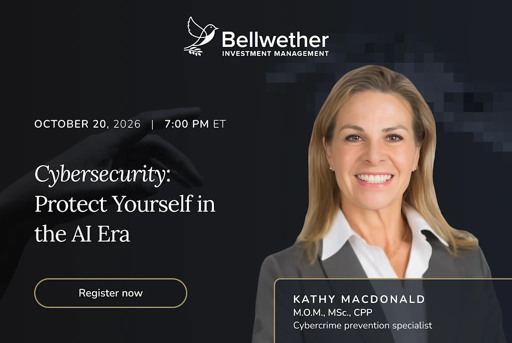A headshot of Kathy Macdonald, cybersecurity expert, against a dark background with registration details for an upcoming webinar titled "Cybersecurity: Protect Yourself in the AI Era" taking place on October 20, 2026, at 7:00PM (ET)